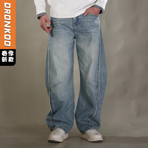DRONKOO 2026 内抽绳半松紧腰前破骨毛边膝捏褶中厚牛仔长裤 商品图0