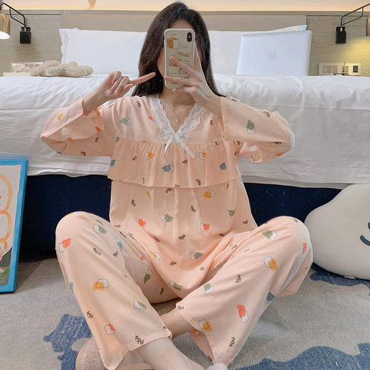 【花边领口设计❗舒适大气】春秋女士棉绸睡衣蕾丝边印花长袖长裤两件套防凸点可爱薄款睡衣。rg 商品图2