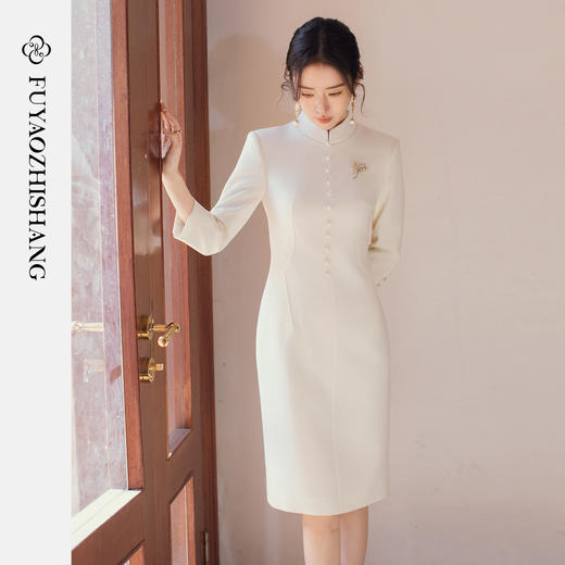 FUYAO扶摇直上 新中式醋酸旗袍裙女七分袖立领连衣裙修身优雅裙子 商品图1