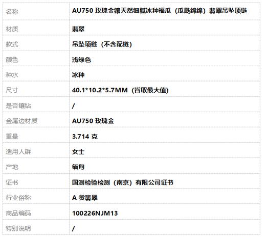 【天然正品】A货翡翠AU750玫瑰金镶天然细腻冰种福瓜（瓜瓞绵绵）翡翠吊坠项链100226NJM13 商品图9