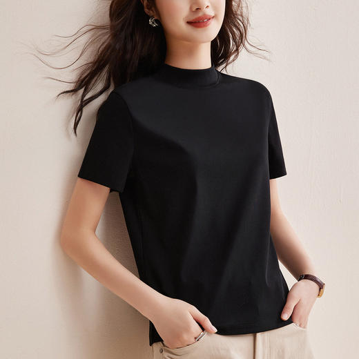 「自j」全新升级【铂金会员146/天猫189/差价43】(11314)洛诗琳气质后中线T恤2026春夏丝光棉半高领立领纯色打底上衣 商品图1