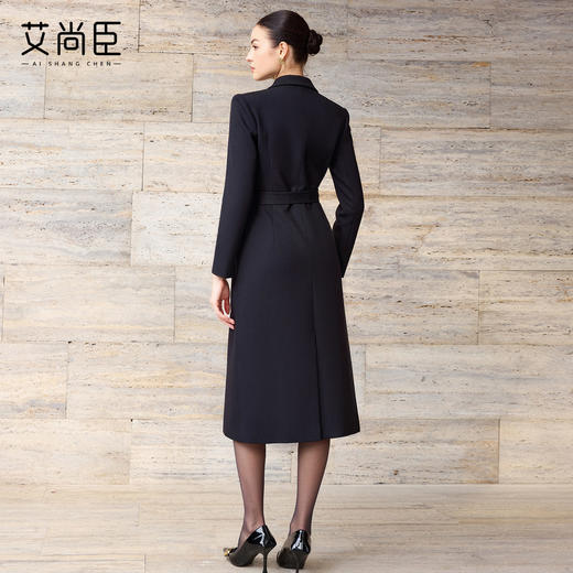 艾尚臣羊毛大衣女中长款黑色通勤西装领系带收腰轻奢极简风外套冬 商品图4