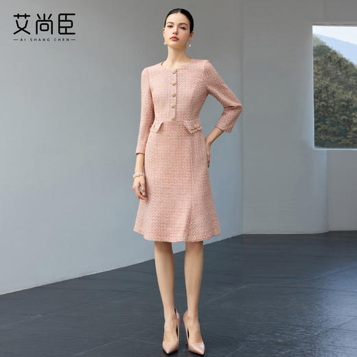 艾尚臣柔焦滤镜小香风粗花呢连衣裙女收腰鱼尾裙摆中长裙气质裙 商品图1