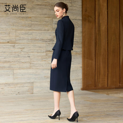 艾尚臣西装套裙女职业装藏蓝色修身显瘦高级旗袍连衣裙套装工作服 商品图4