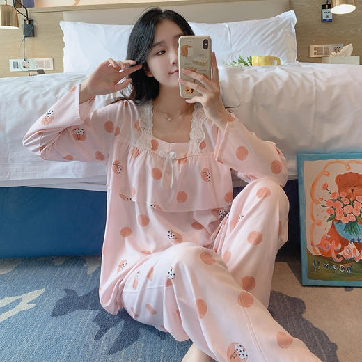【亲肤柔软❗绵柔舒适】秋季新款女士睡衣长袖仿棉套头方领棉绸春夏甜美休闲家居服套装。rg 商品图0