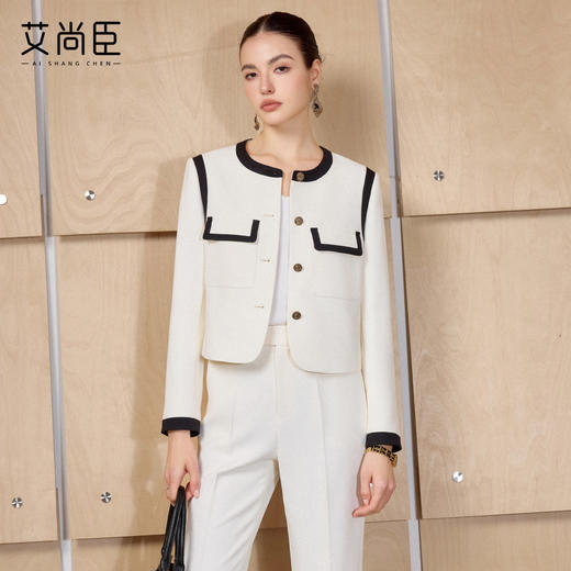 艾尚臣小香风撞色包边西装阔腿裤套装女春季显瘦时髦职业装两件套 商品图1