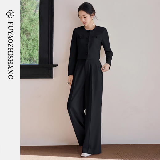 FUYAO扶摇直上 【高定立裁】黑色西装套装女春季圆领短外套两件套 商品图3