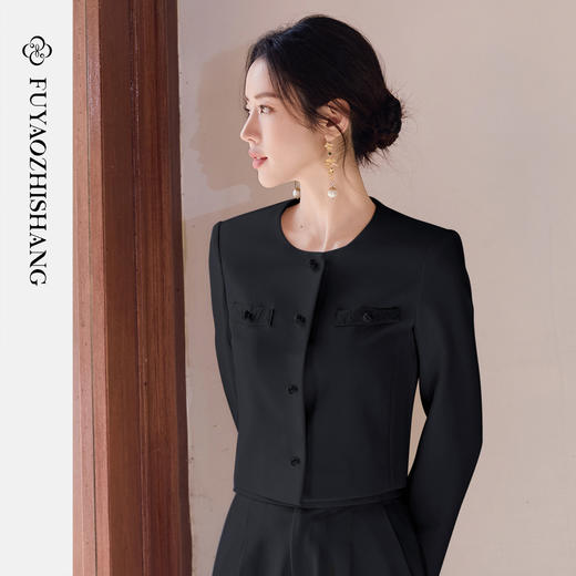 FUYAO扶摇直上 【高定立裁】黑色西装套装女春季圆领短外套两件套 商品图2