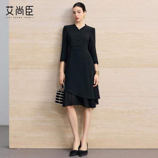 艾尚臣聚会小黑裙V领连衣裙女七分袖收腰显瘦通勤职业裙装鱼尾裙 商品图3