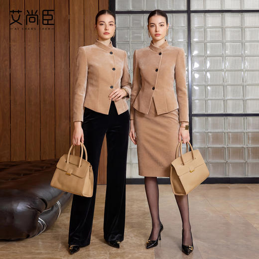 艾尚臣立领西装套装女拼接通勤新中式西服外套气质丝绒裤职业装冬 商品图0