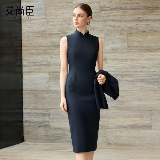 艾尚臣西装套裙女职业装藏蓝色修身显瘦高级旗袍连衣裙套装工作服 商品图2