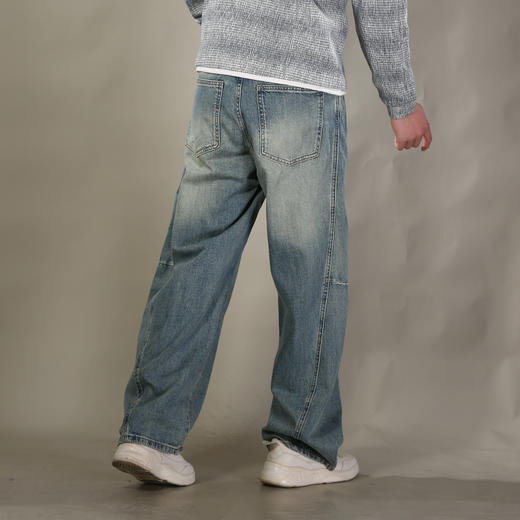 DRONKOO 2026 半松紧腰铜色钮扣裤袢吊绳前后破骨中厚牛仔长裤 商品图3