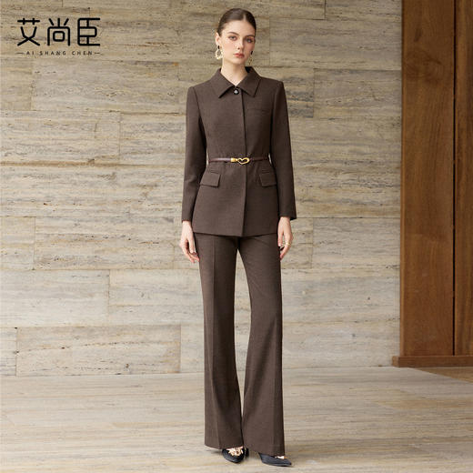 艾尚臣高级感咖啡色时尚套装女气质立领西装通勤知性极简风两件套 商品图0