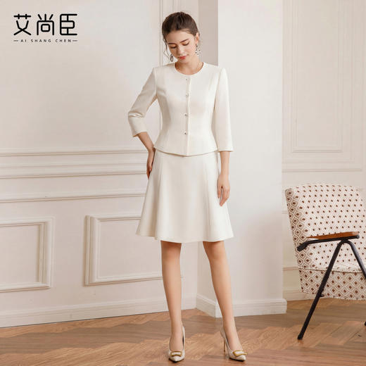 艾尚臣米色七分袖西装套裙女春季圆领职业装高级感气质上班两件套 商品图2