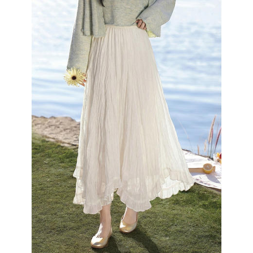 鹿向南「心动邂逅」杏色半身裙女春季法式巨好看A字褶皱花苞裙子 商品图3