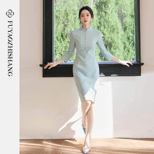 FUYAO扶摇直上 中式风立领连衣裙女修身水绿色醋酸旗袍裙优雅裙子 商品图1