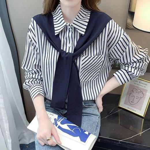 【韩版假两件披肩衬衫】春季 气质宽松显瘦衬衣 设计感条纹长袖女上衣  商品图3