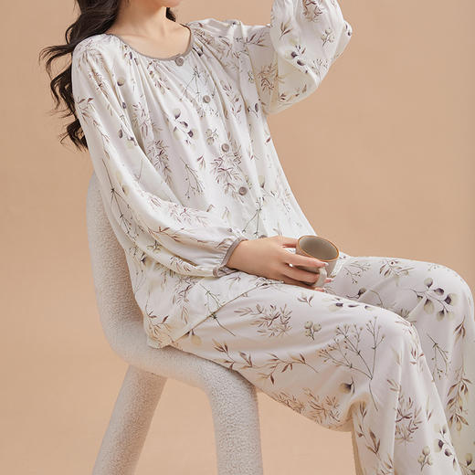 【89.9元1套】40支绵绸睡衣家居服套装系列春夏新款睡衣女士长袖长裤40支全人棉绸开衫套装国风印花舒适。rg 商品图3