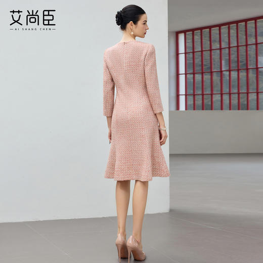 艾尚臣柔焦滤镜小香风粗花呢连衣裙女收腰鱼尾裙摆中长裙气质裙 商品图4