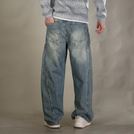 DRONKOO 2026 半松紧腰铜色钮扣裤袢吊绳前后破骨中厚牛仔长裤 商品图4