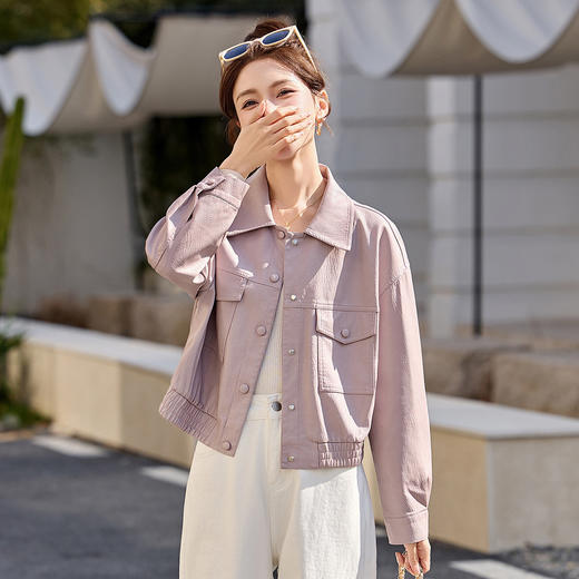 紫色皮衣外套气质翻领，小个子皮夹克短款减龄上衣HR-2622 商品图3