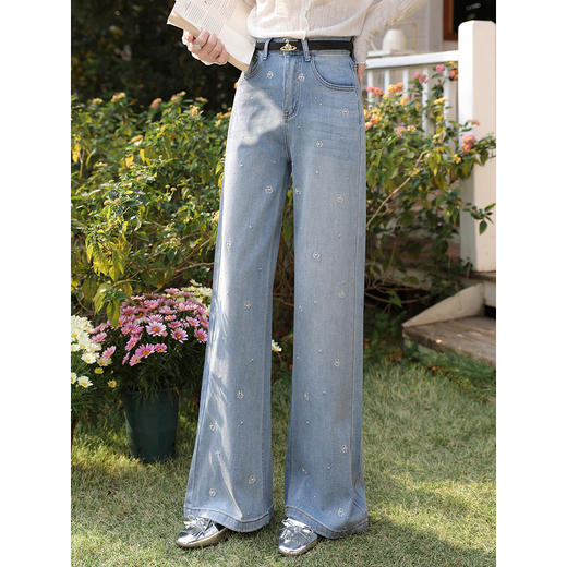 鹿向南「罗曼烟迹」蓝色宽松亮片烫钻阔腿牛仔裤女春显瘦直筒长裤 商品图0