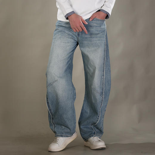 DRONKOO 2026 内抽绳半松紧腰前破骨毛边膝捏褶中厚牛仔长裤 商品图1