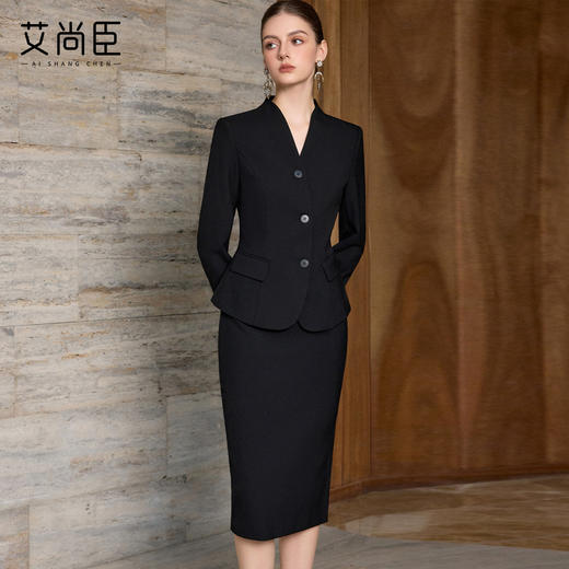 艾尚臣正式场合西装正装女职业套装黑色面试商务工作服西服两件套 商品图0