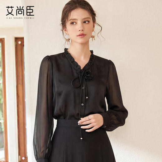 艾尚臣设计师款法式立体玫瑰黑色衬衫女长袖透视袖衬衣上衣木耳边 商品图1
