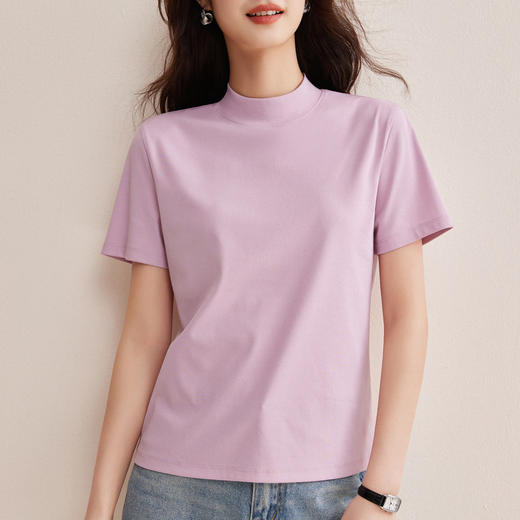 「自j」全新升级【铂金会员146/天猫189/差价43】(11314)洛诗琳气质后中线T恤2026春夏丝光棉半高领立领纯色打底上衣 商品图2