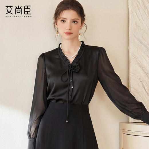 艾尚臣设计师款法式立体玫瑰黑色衬衫女长袖透视袖衬衣上衣木耳边 商品图0