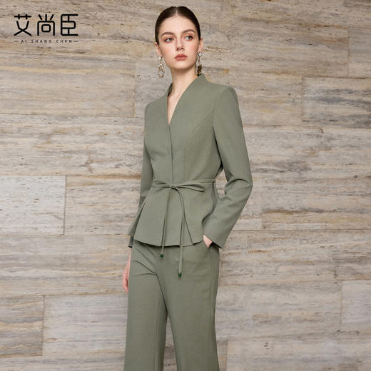 艾尚臣通勤风收腰西装套装女复古松绿色职业装气质正装束腰西服 商品图2