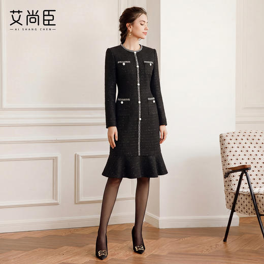 艾尚臣小香风黑色粗花呢连衣裙女收腰鱼尾裙银丝细闪千金风优雅 商品图0