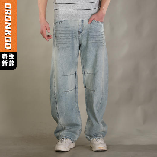 DRONKOO 2026 半松紧腰前斜破骨膝盖破缝压皱喷色中厚牛仔长裤 商品图0
