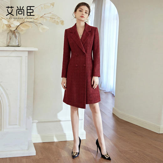 艾尚臣妈妈婚宴装毛呢西装领连衣裙女双排扣收腰显瘦喜婆婆礼服厚 商品图1