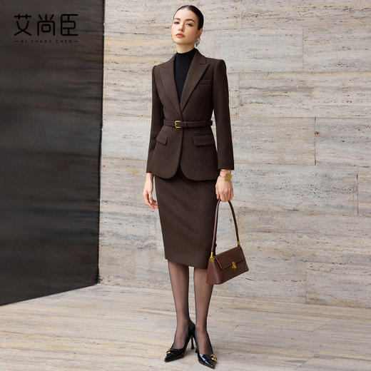 艾尚臣毛呢厚时尚西装套装女冬季深棕色气质通勤职业装西服两件套 商品图1