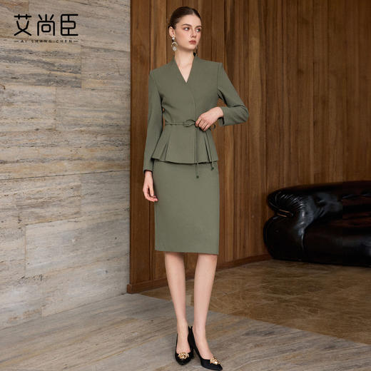 艾尚臣通勤上镜西服套装女春季气质复古松绿色西装正装职业半身裙 商品图3