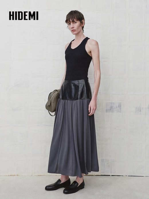 HIDEMI 设计感油蜡皮拼接套装垂感长裙半身裙 商品图3