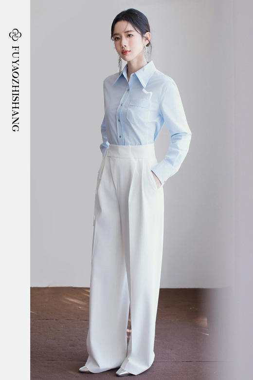 FUYAO扶摇直上 高腰系带直筒裤女轻奢极简风白色垂感老钱风西装裤 商品图5