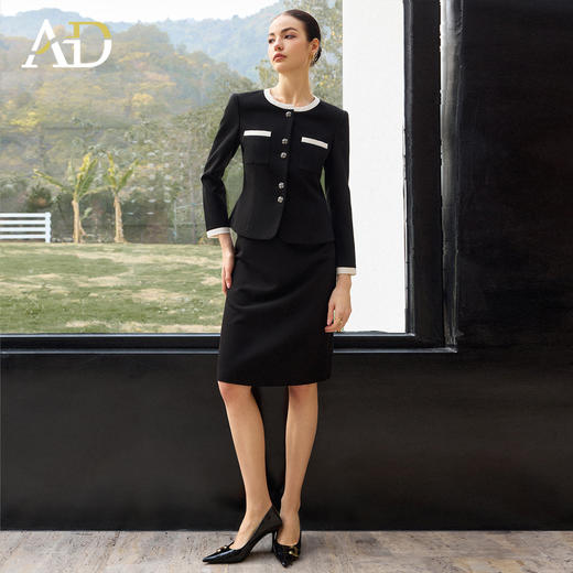 AD高腰显瘦职业装套装2026年春季长袖两件套黑白拼色上衣半身裙子 商品图3