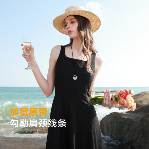 三彩2026春季新款方领无袖背心裙A字裙连衣裙简约大摆长裙气质M 商品图3