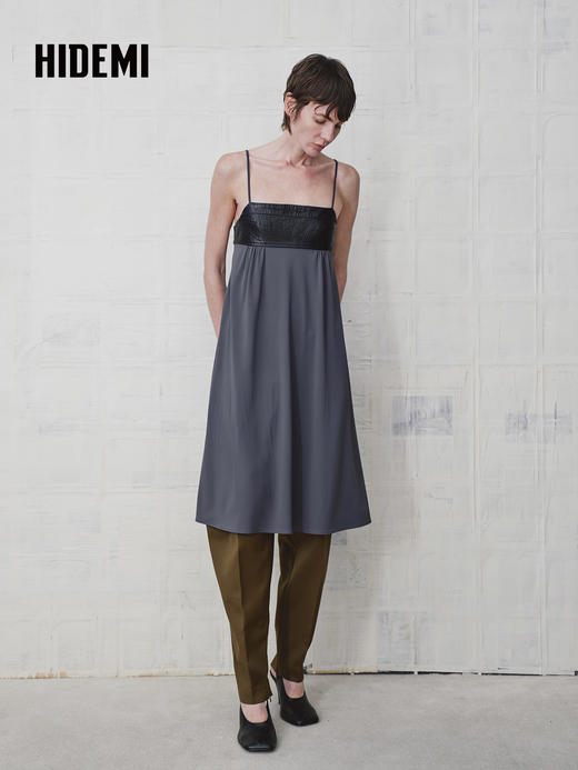 HIDEMI 设计感油蜡皮拼接垂感吊带连身裙 商品图2