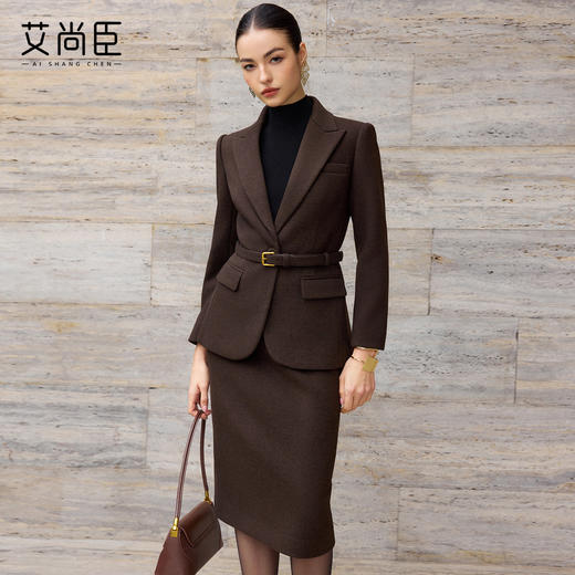 艾尚臣毛呢厚时尚西装套装女冬季深棕色气质通勤职业装西服两件套 商品图0