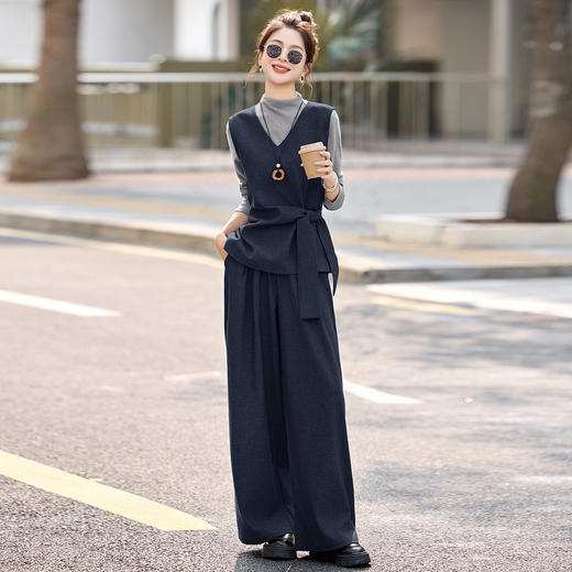 韩系裙子套装2026新款女装气质通勤时尚打底衫马甲阔腿裤三件套 商品图1