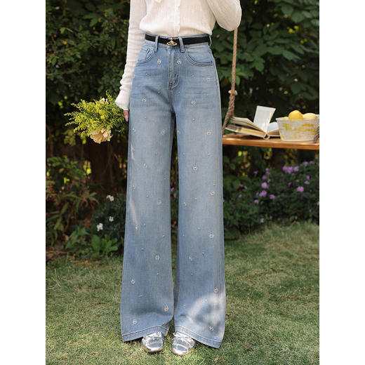 鹿向南「罗曼烟迹」蓝色宽松亮片烫钻阔腿牛仔裤女春显瘦直筒长裤 商品图1