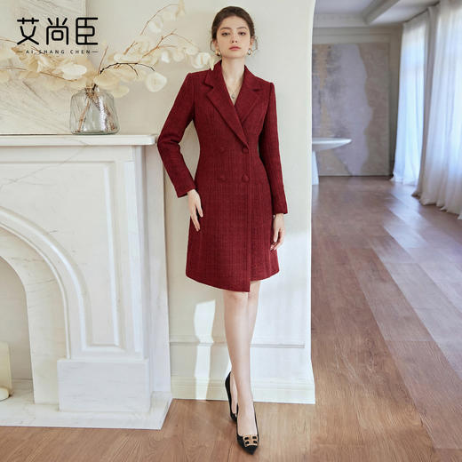 艾尚臣妈妈婚宴装毛呢西装领连衣裙女双排扣收腰显瘦喜婆婆礼服厚 商品图4