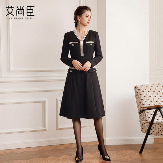 艾尚臣山茶小香风V领荷叶边连衣裙女黑色收腰显瘦千金风中长裙A裙 商品图2