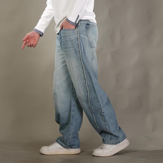 DRONKOO 2026 内抽绳半松紧腰前破骨毛边膝捏褶中厚牛仔长裤 商品图2