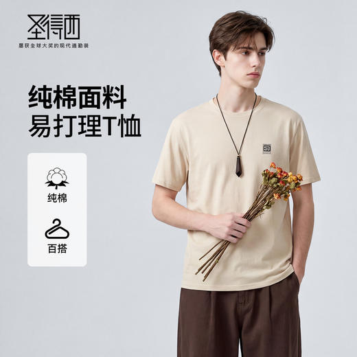 【100%棉】圣得西纯棉圆领短袖男款2026新款春季休闲青春流行T恤 商品图0