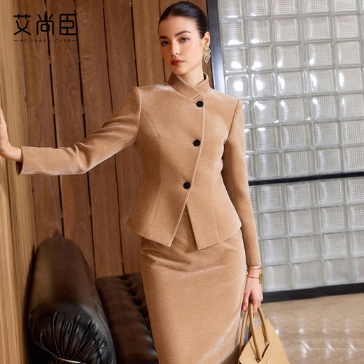 艾尚臣立领西装套装女拼接通勤新中式西服外套气质丝绒裤职业装冬 商品图3
